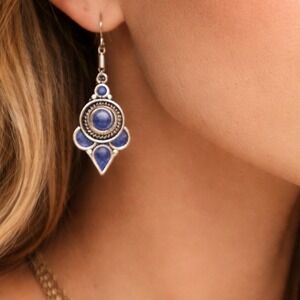 Tibetan Handmade Dangle Earrings In Lapis Gemstone Boho Style #882